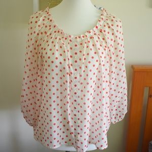 White + Red Polka Dot Chiffon Button Front Blouse